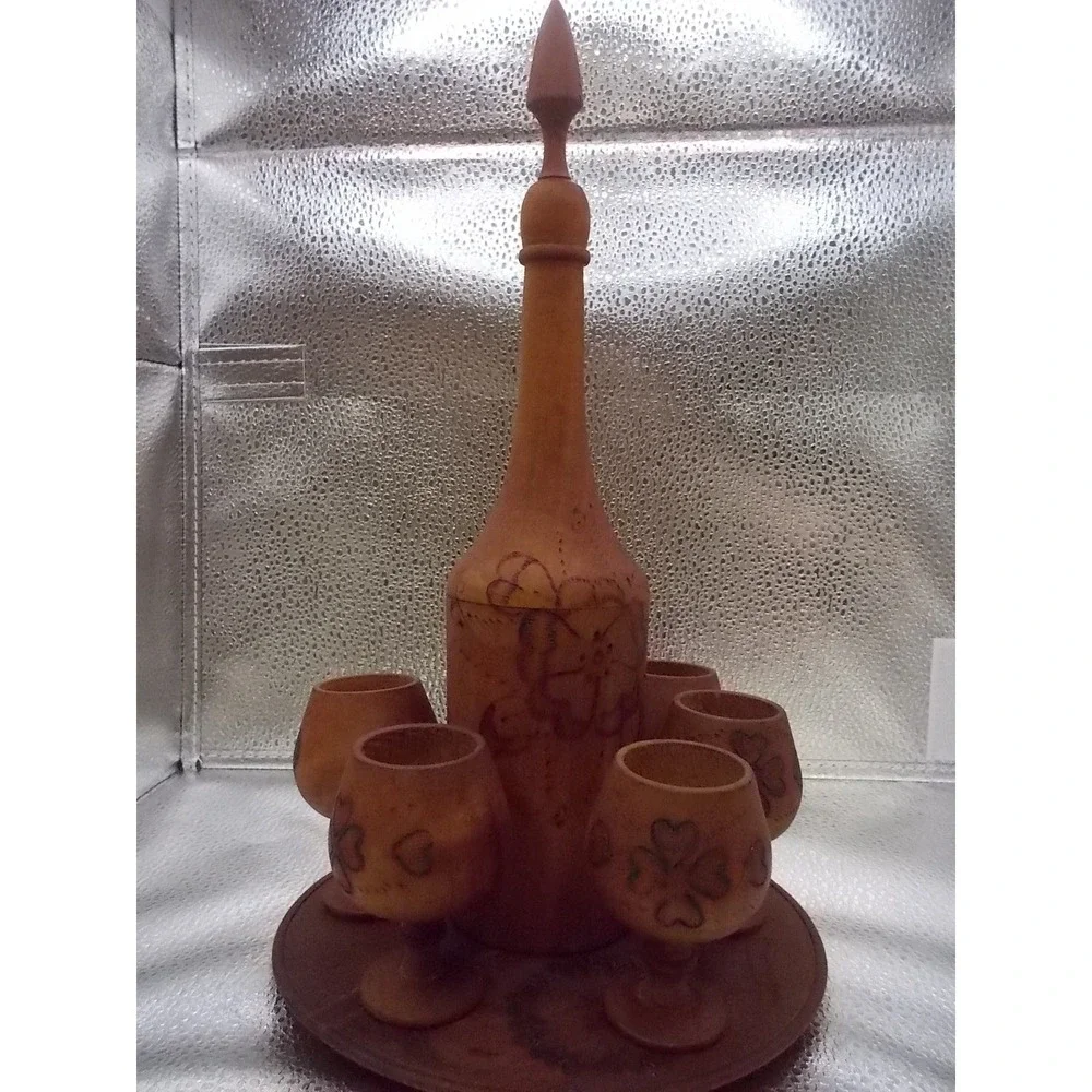 Vintage Hand Carved Wood Decanter Set 6 Cups Tray Floral Wood Burned Pyrography